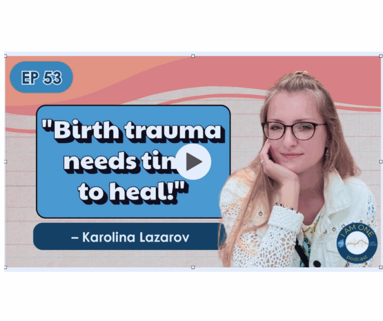 Perinatal mental health expert Karolina Lazarov speaking in a podcast interview about birth trauma; text on screen says ‘birth trauma needs time to heal.'